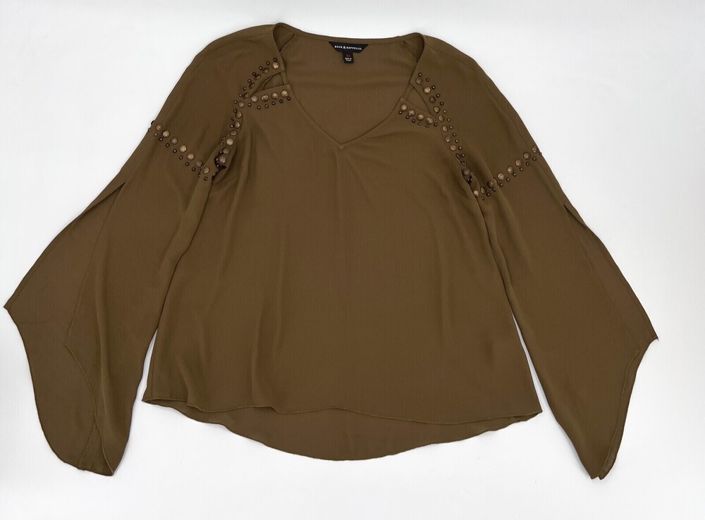 Rock & Republic Shirt Womens XS Olive Blouse Embelished Slit Angel Sleeve